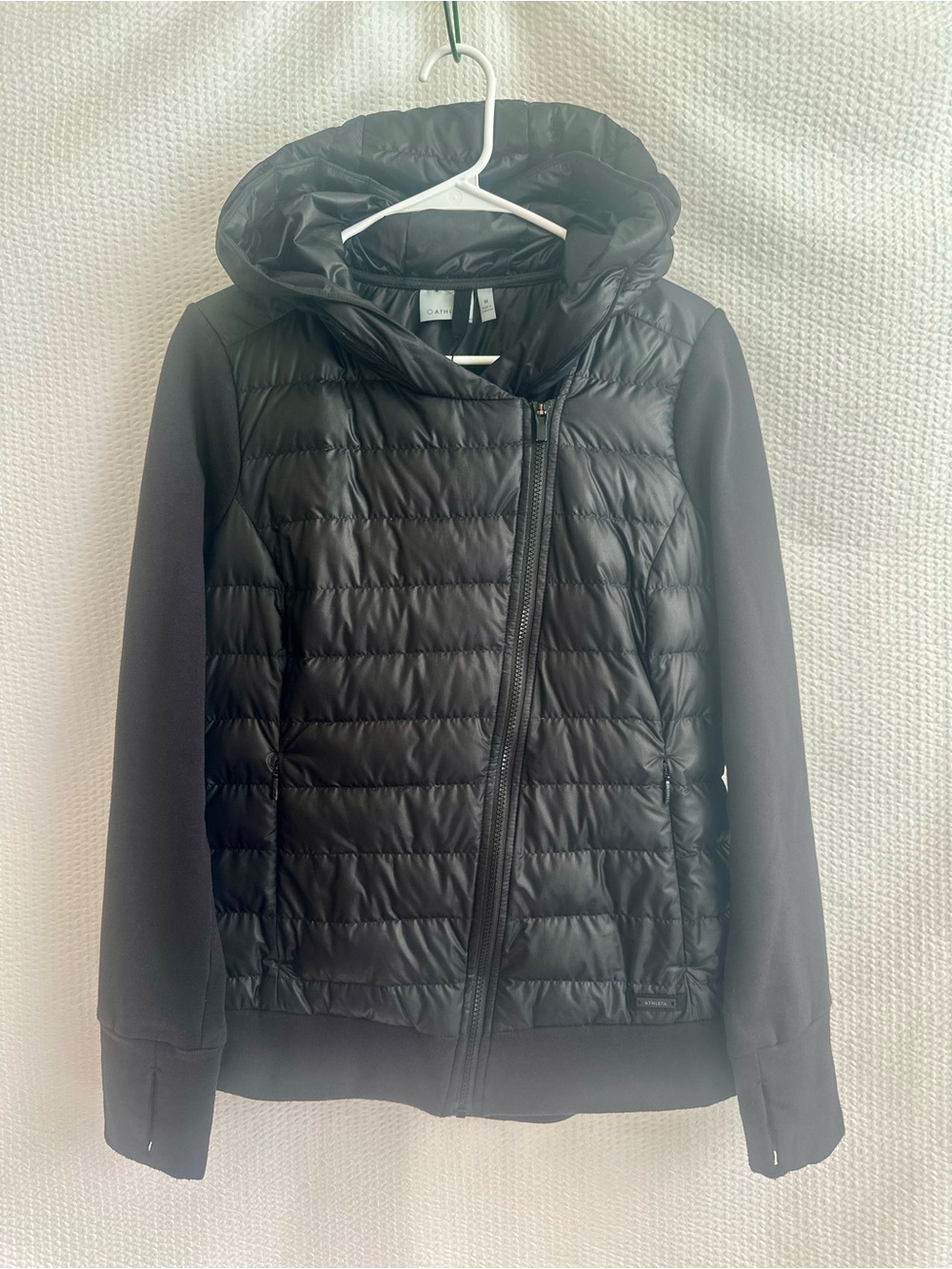 ATHLETA Black Goose Down Hybrid Puffer Jacket Medium Hooded Full Zip Stretch